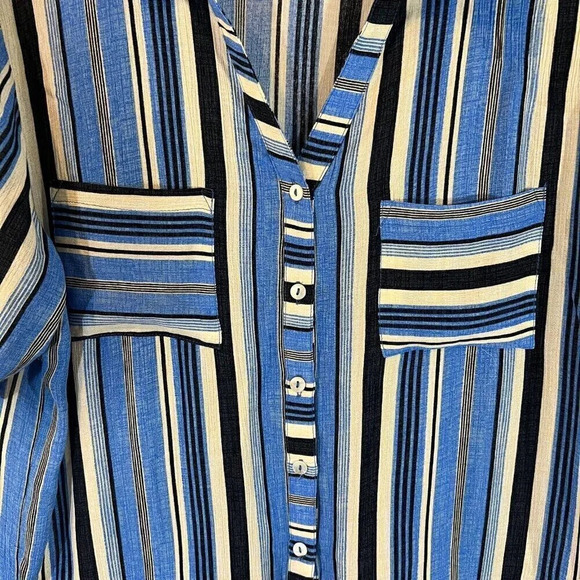 Kori Striped Romper Medium Blue White Black Striped Pockets Drawstring Waist - Picture 4 of 7